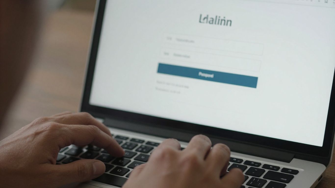 Hands typing on a laptop keyboard for account login.