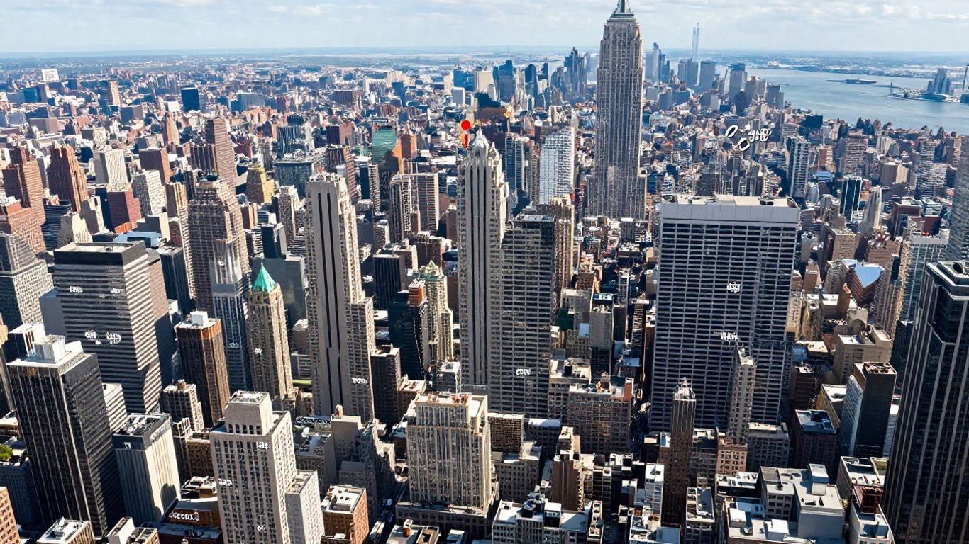 New York City skyline with zip code map overlay.