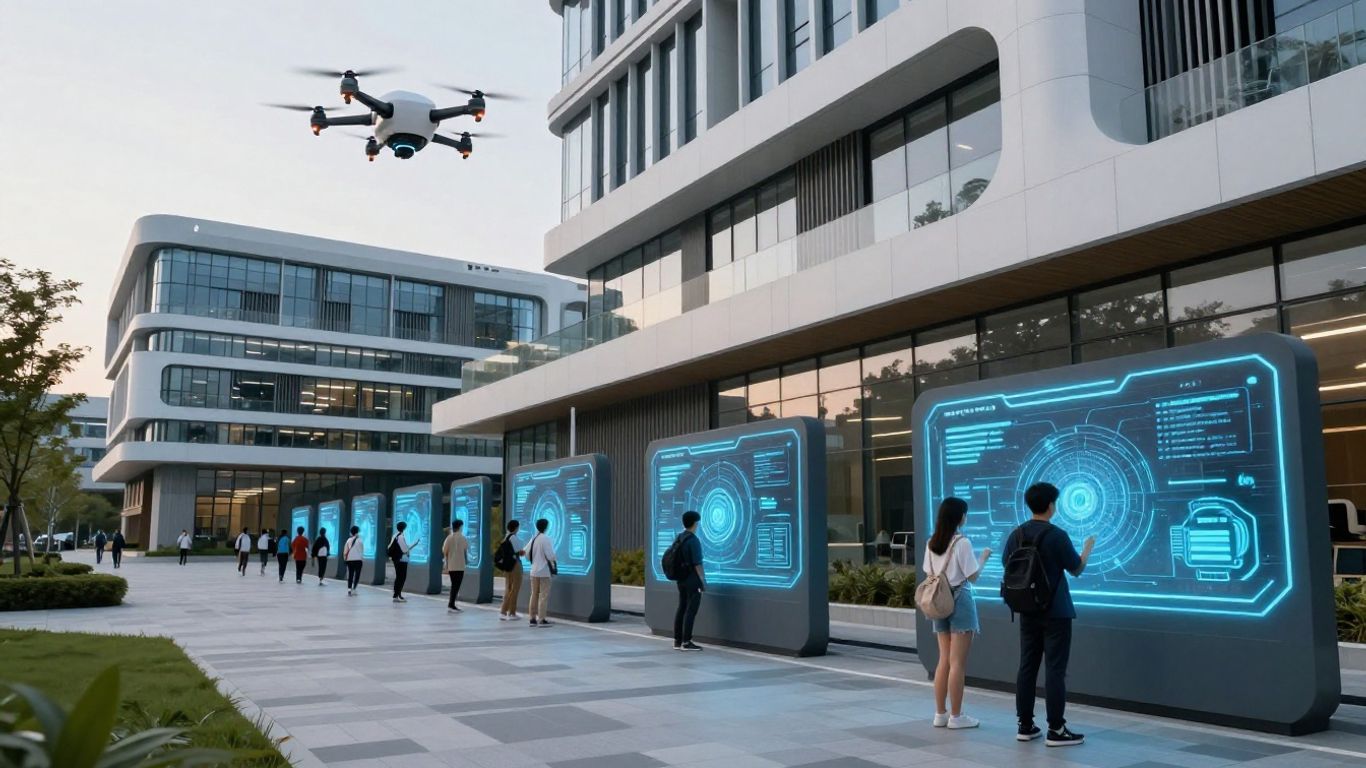 Futuristic smart campus with drones and holographic displays.