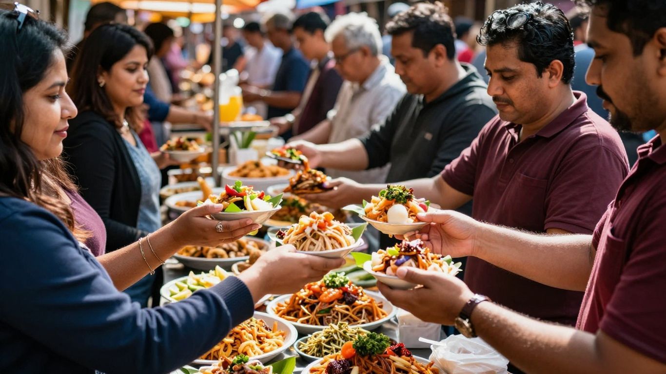 People enjoying authentic street food at a bustling market.