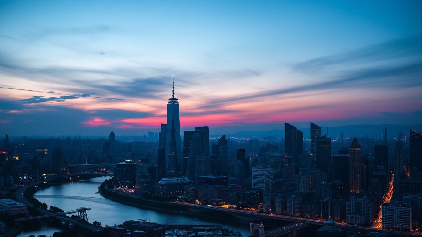 Vibrant cityscape with iconic skyscrapers and river at dusk.