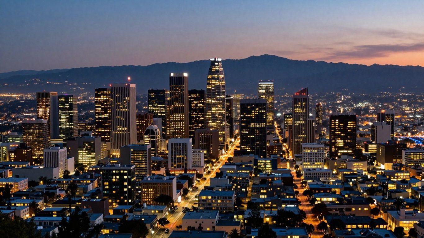 California cityscape at dusk with illuminated skyscrapers and mountains.