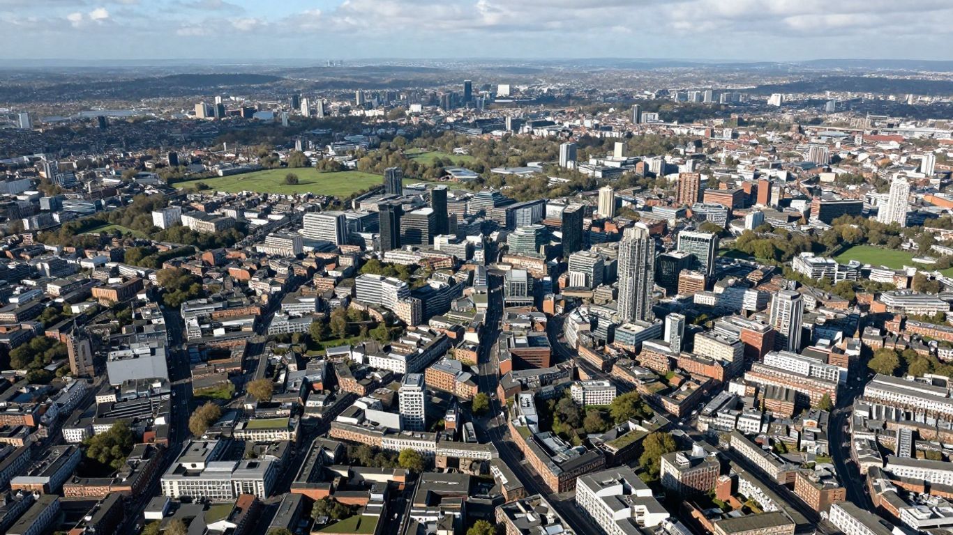Aerial view of large UK cities and their surrounding areas.