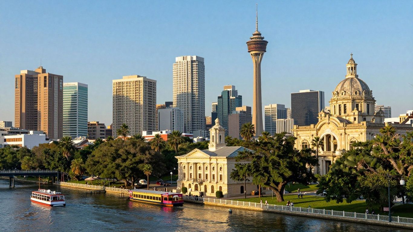 San Antonio skyline with River Walk and Tower of the Americas.