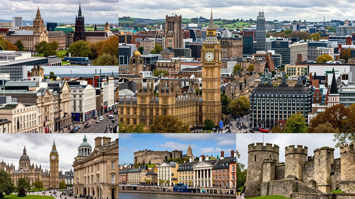 UK city skylines and unique scenic destinations photo collage
