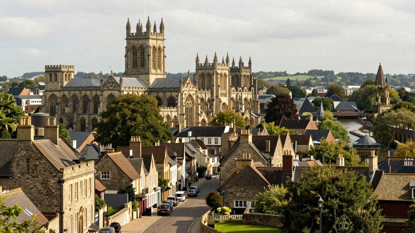 Historic English city skyline with ancient architecture and cobblestone streets.