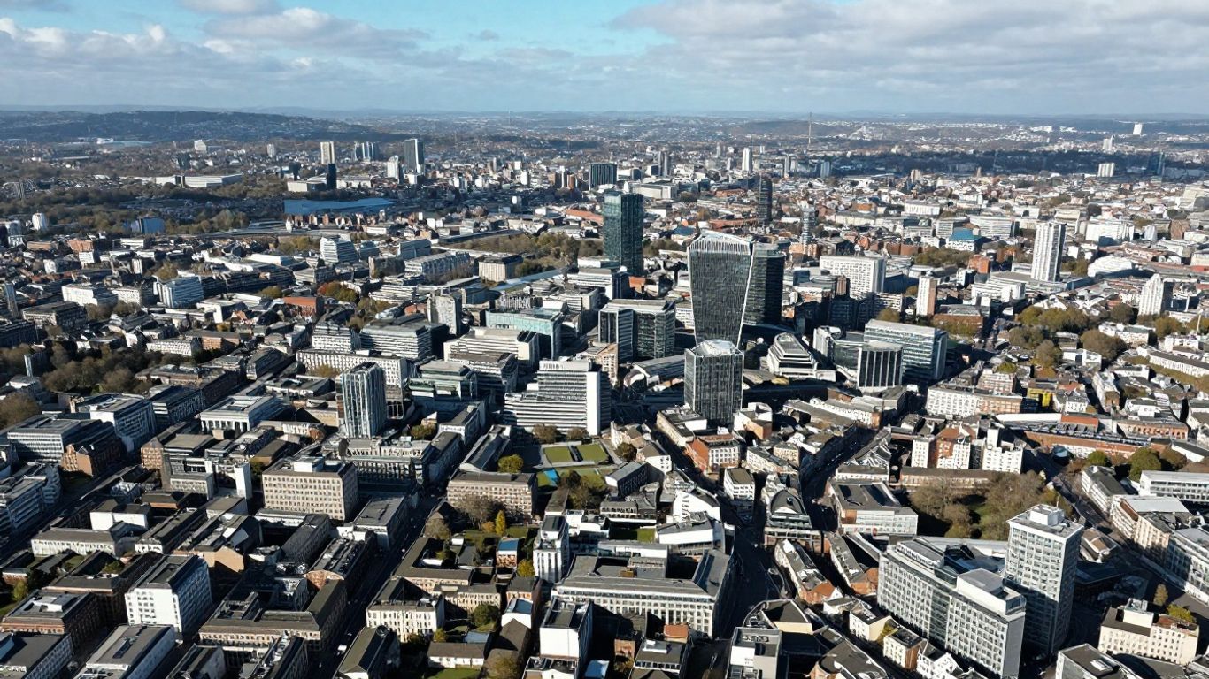 Aerial view of large UK cities and their urban sprawl.