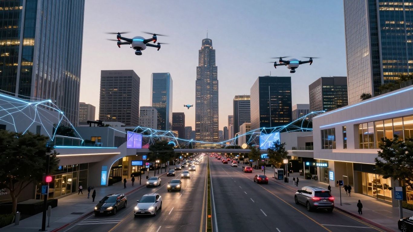 Futuristic Los Angeles cityscape with glowing digital networks and drones.