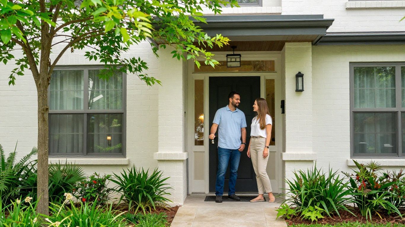 Couple holding keys outside Houston apartment