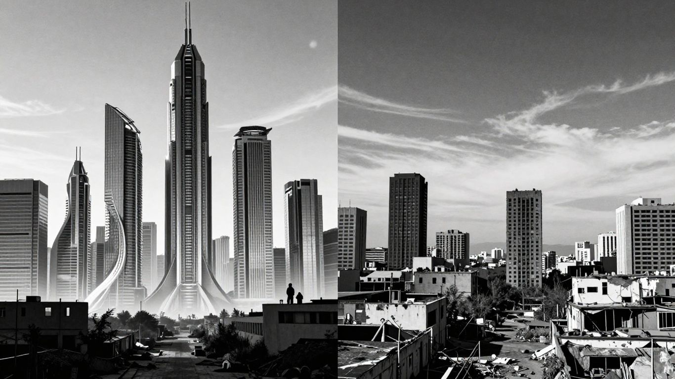 Smart city contrast: gleaming future vs. neglected urban area.
