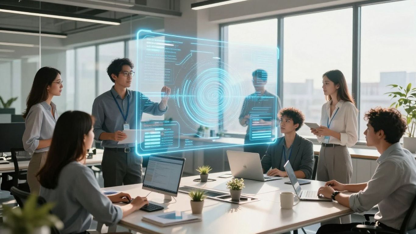 Team using futuristic holographic technology in a bright office.