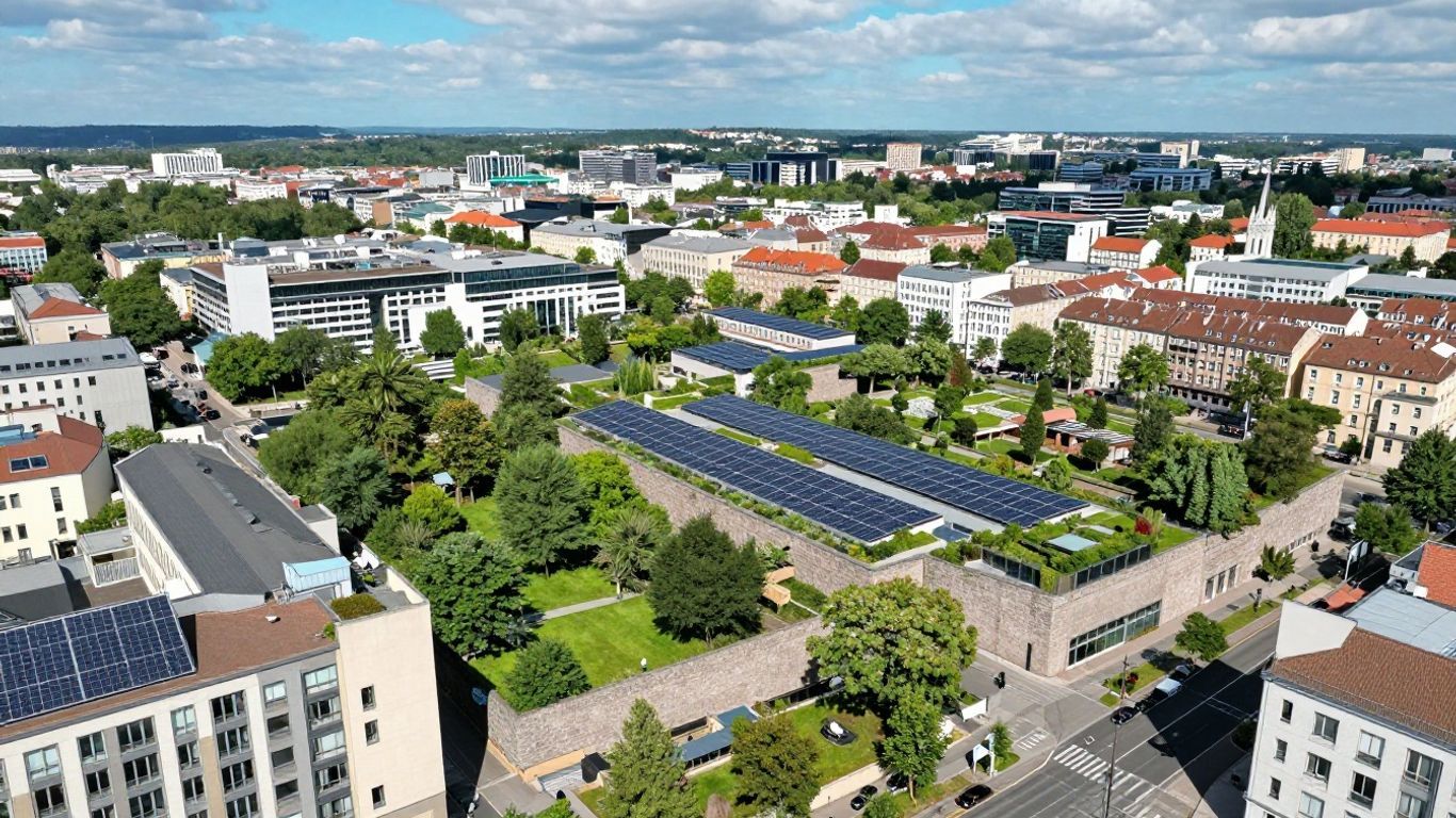 A modern city merging with nature and sustainable features.