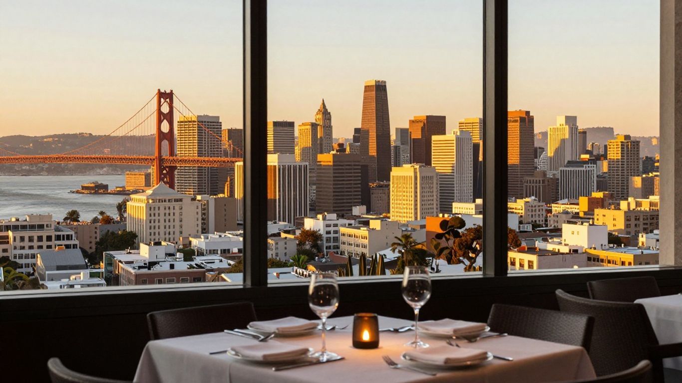 San Francisco skyline view from a restaurant at sunset.