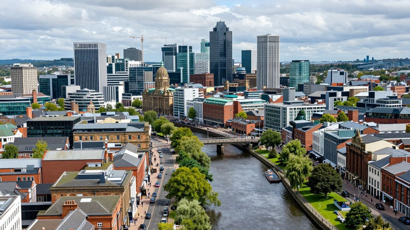 Leeds skyline and River Aire in West Yorkshire.