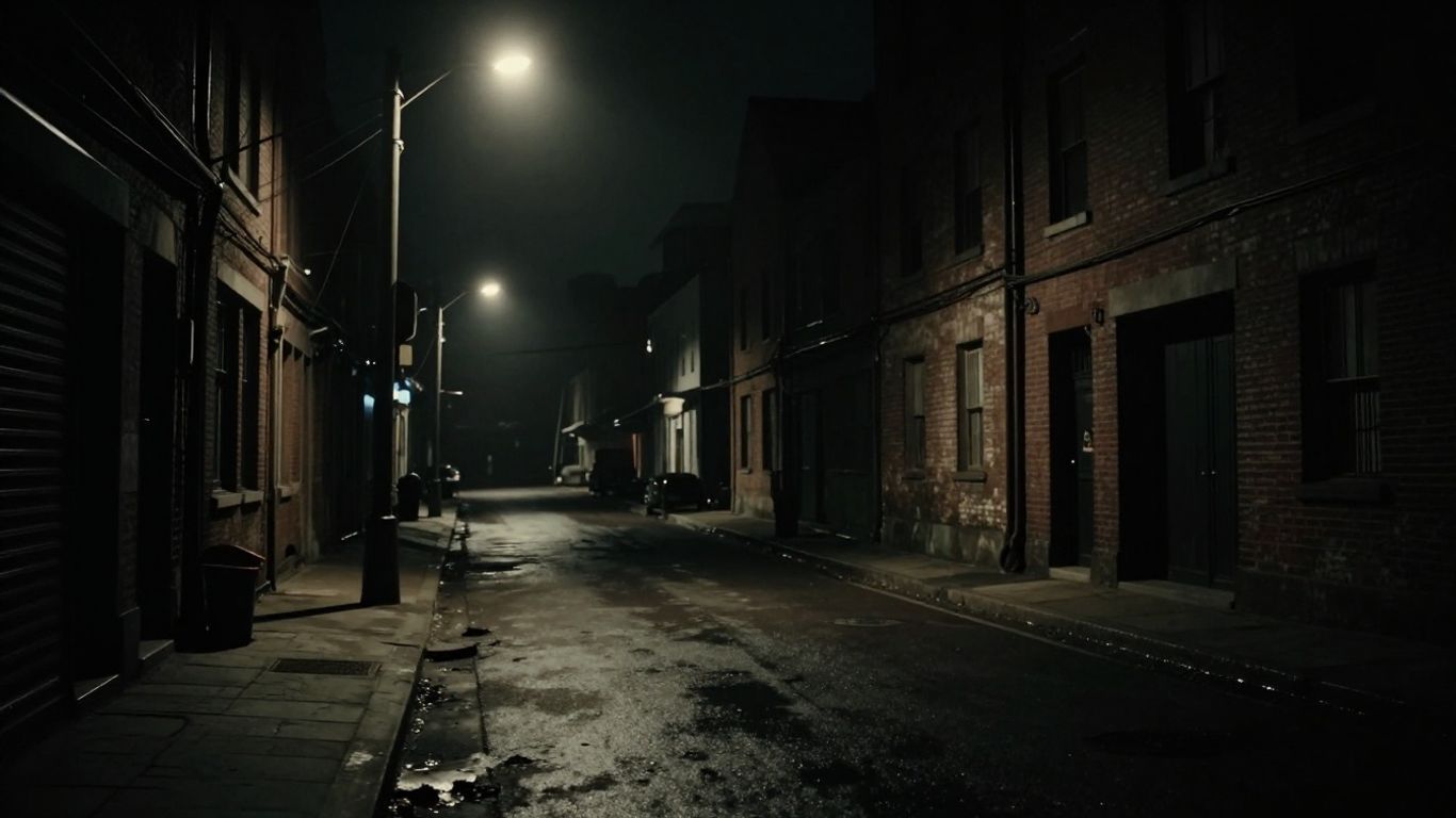 Urban street at night with dramatic lighting.