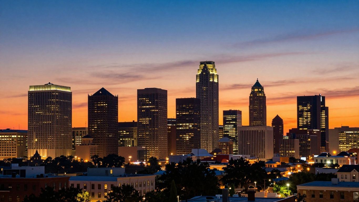 Texas city skylines at sunset, indicating population growth.
