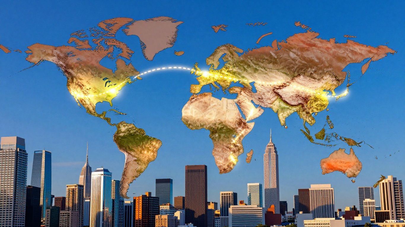 Map showing two cities connected by a travel line.