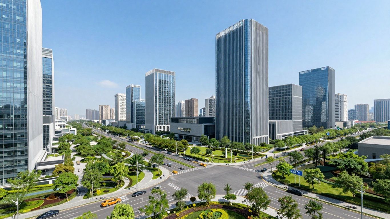 Futuristic cityscape with modern architecture and green spaces.