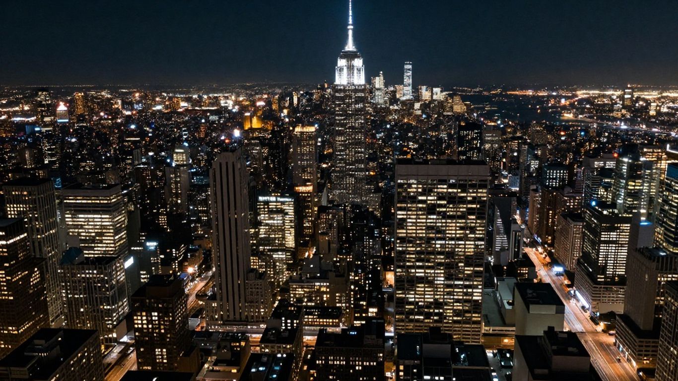 Aerial view of illuminated American megacities at night.