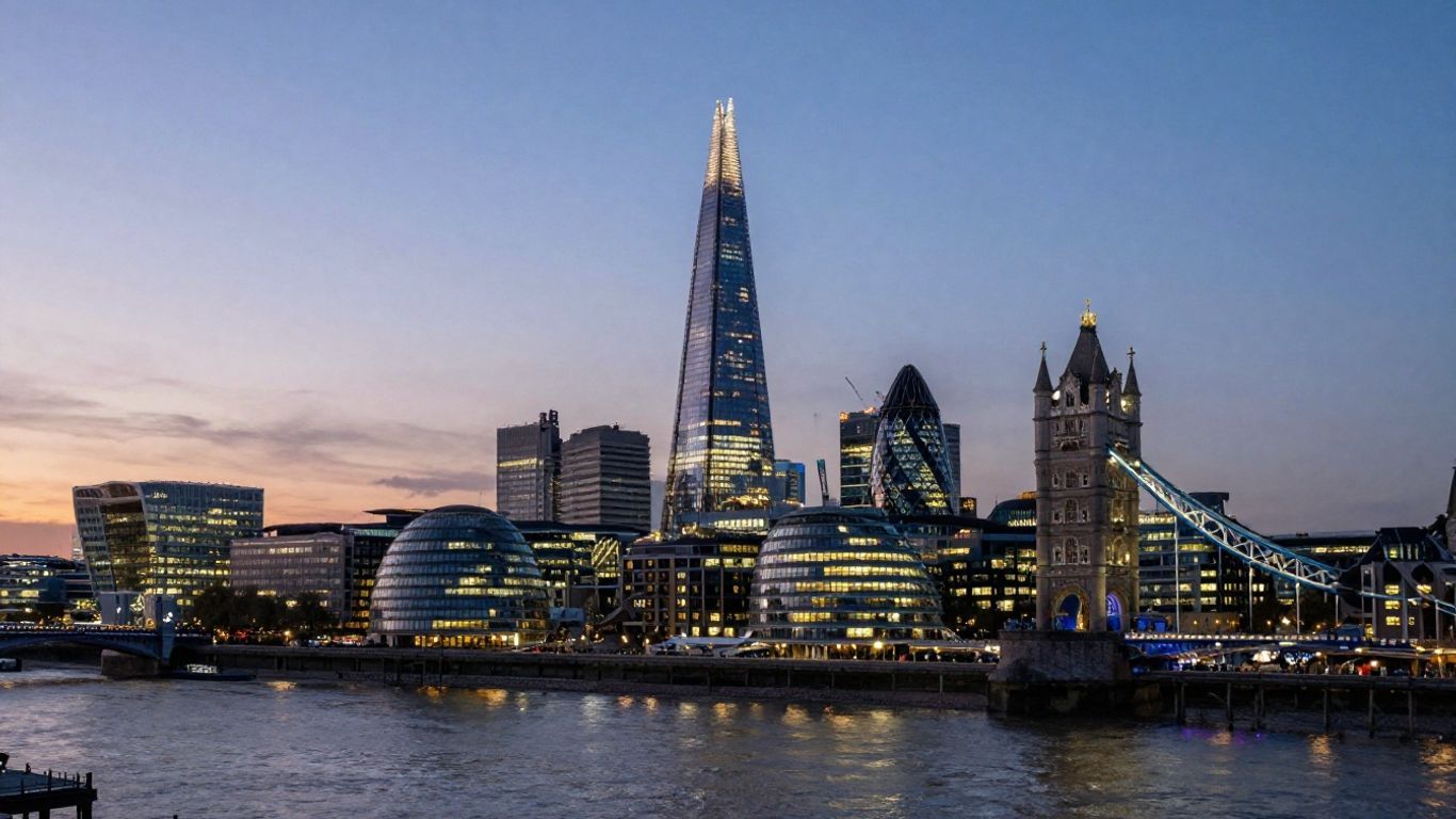 London skyline at dusk with illuminated landmarks.