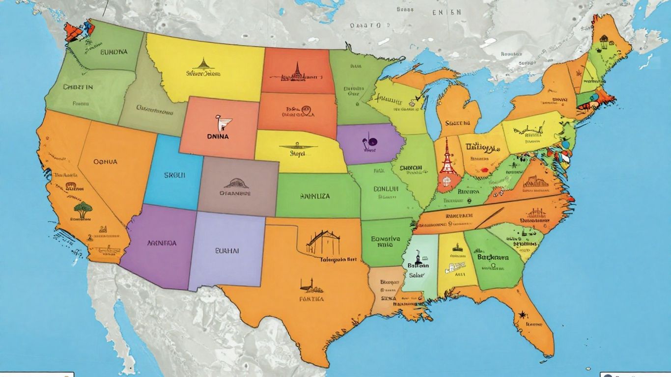 Colorful map of the US for a states and capitals quiz.