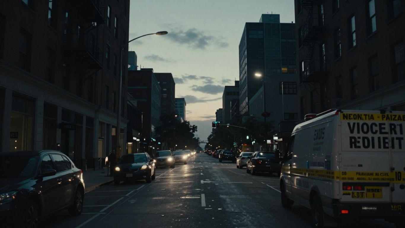 Urban landscape at dusk, crime report theme.