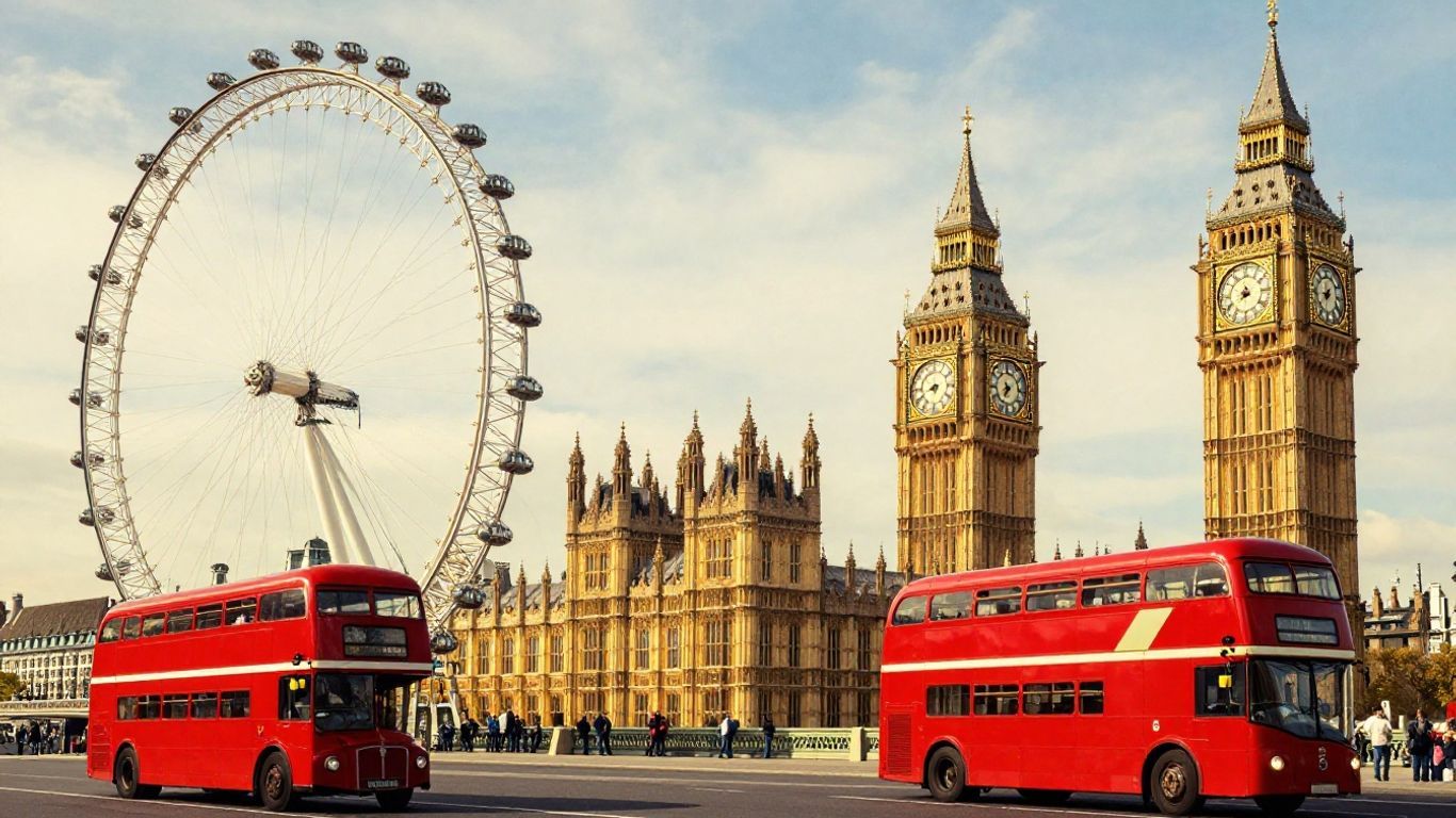 Iconic English city landmarks and transportation.