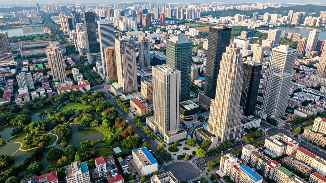 Aerial view of a detailed, vibrant cityscape with roads and buildings.