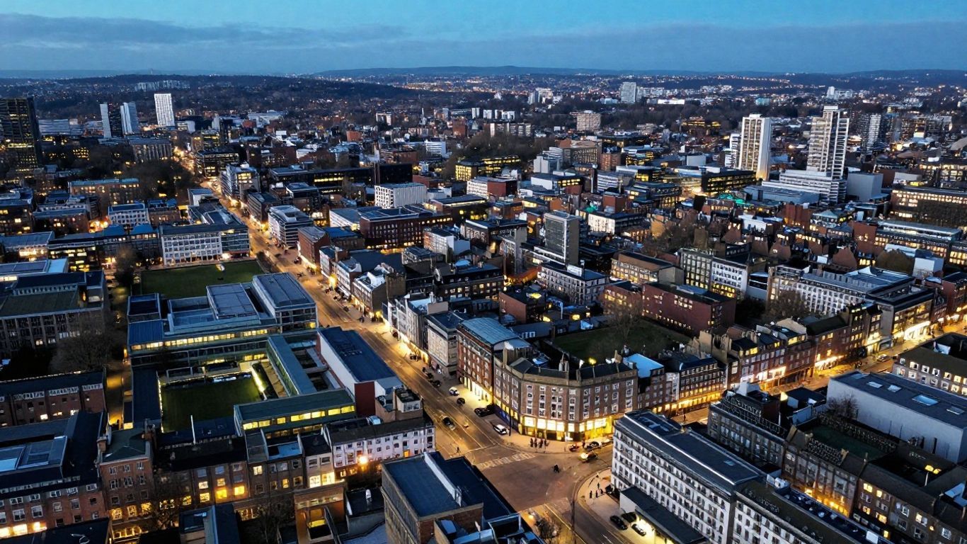 UK cityscape with dense buildings and lights.