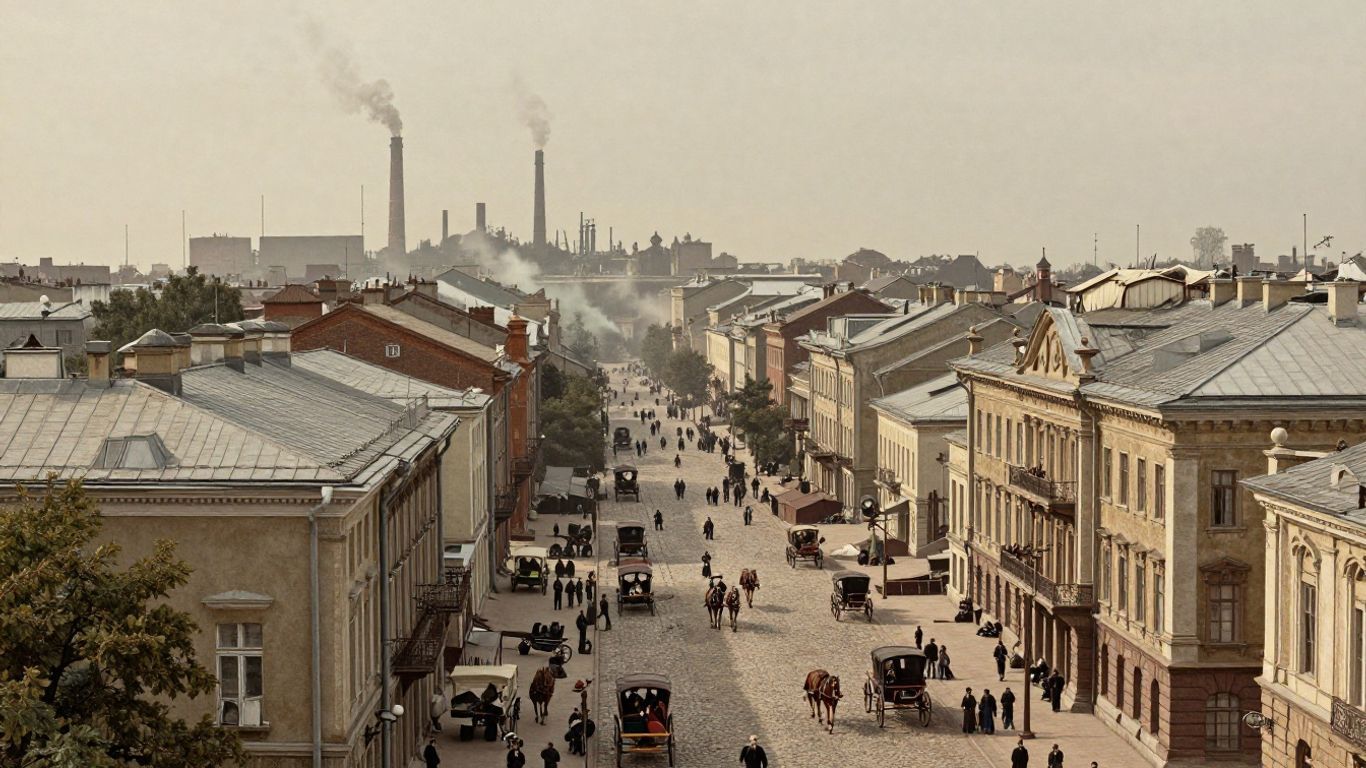 Panoramic view of a large city in 1900 with historic architecture.