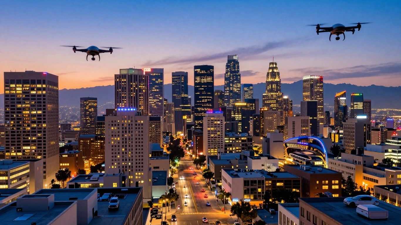Los Angeles skyline with futuristic smart city elements.