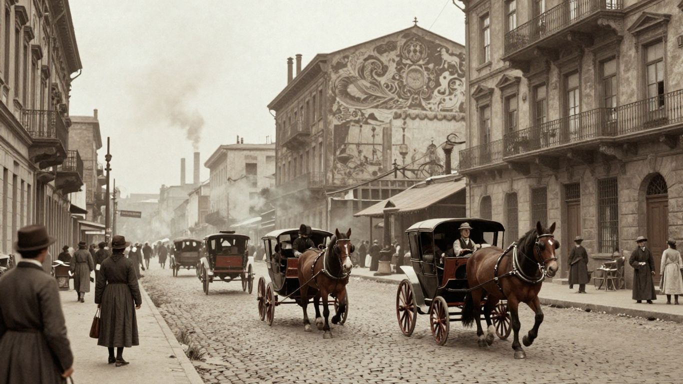 1900s American city street with horse carriages and old buildings.