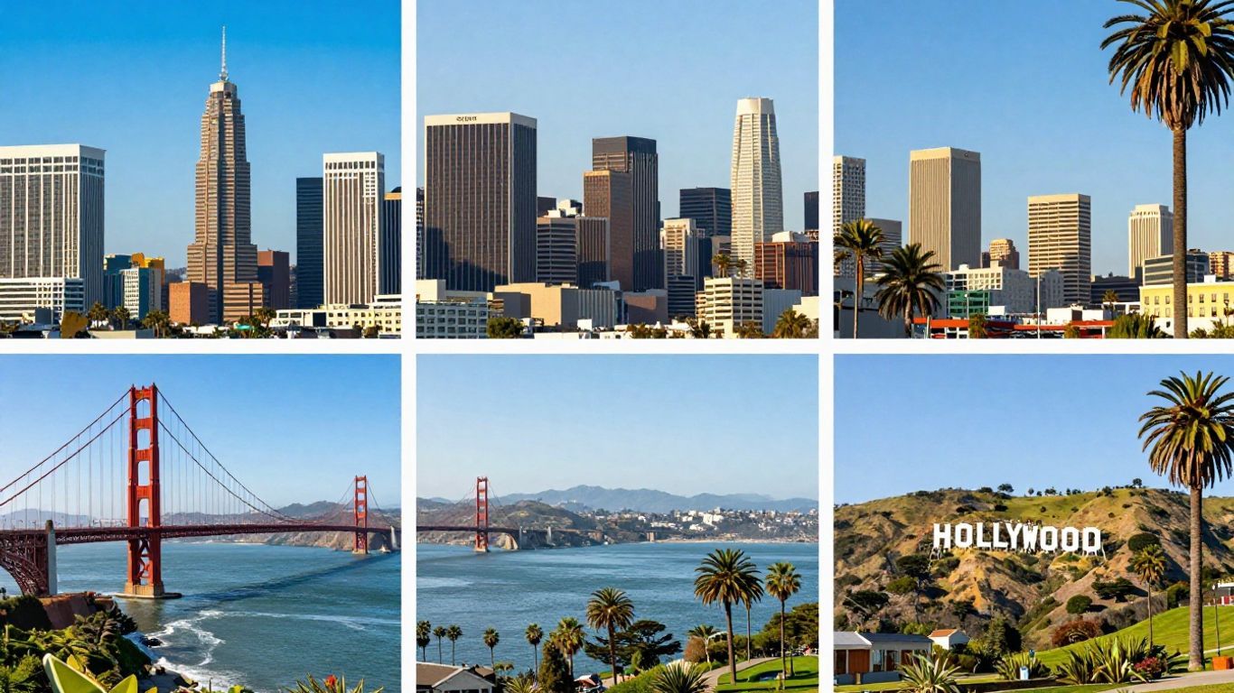 Iconic West Coast city skylines: Golden Gate Bridge and Hollywood.