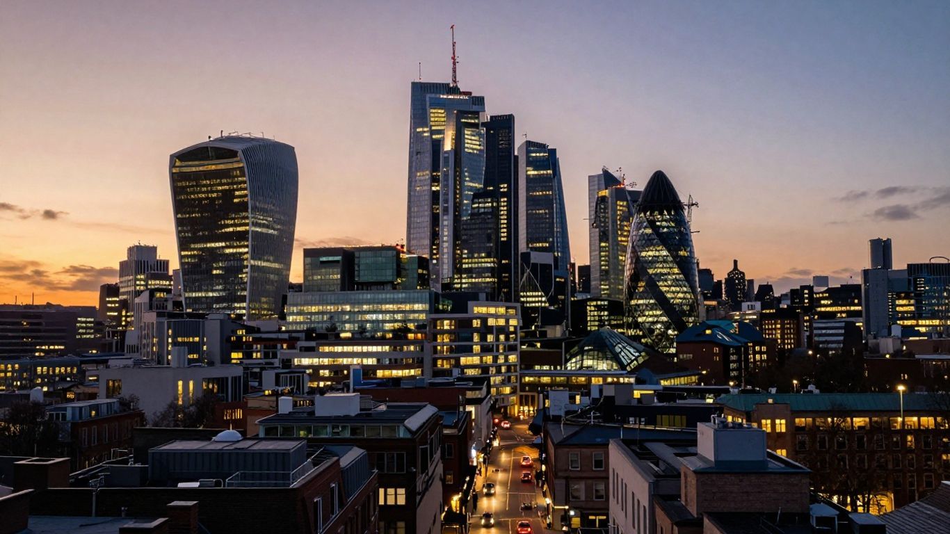 English city skyline at dusk with illuminated buildings.