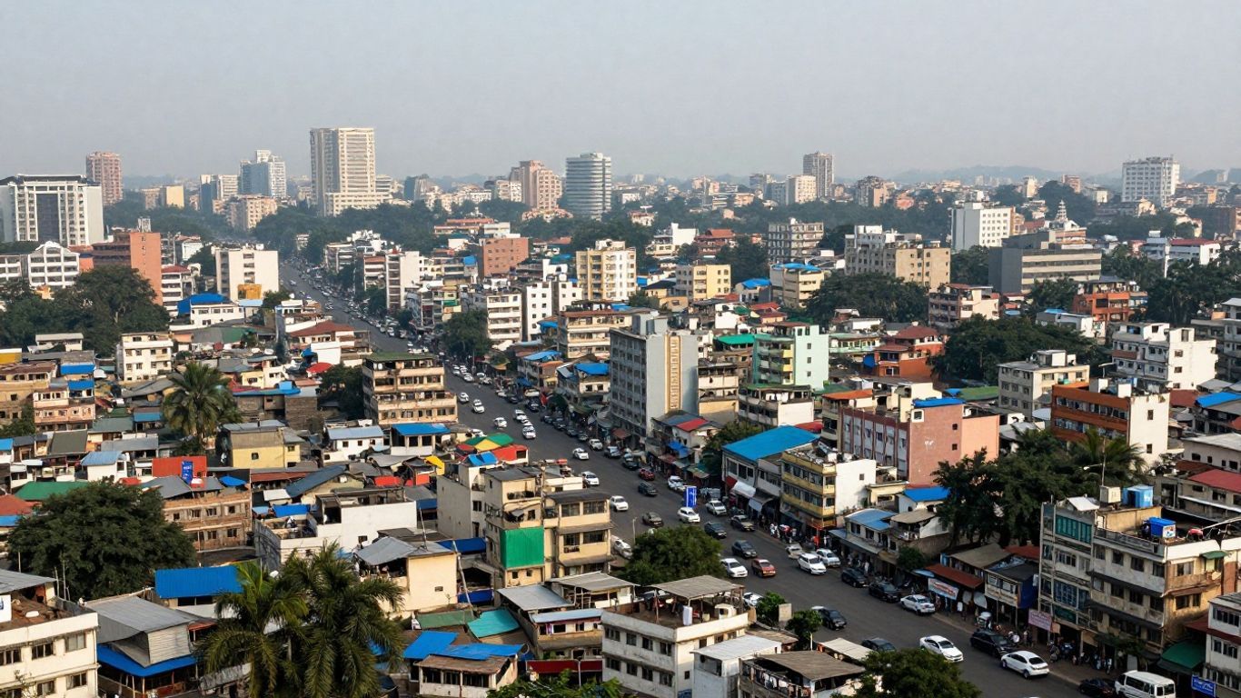 Aerial view of densely populated Dhaka city skyline.