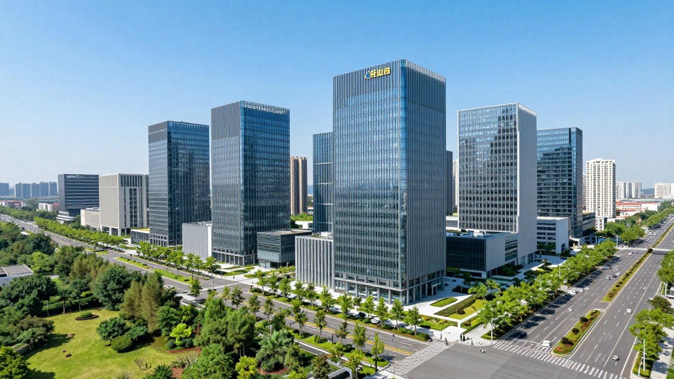 Modern cityscape with green spaces and architecture.