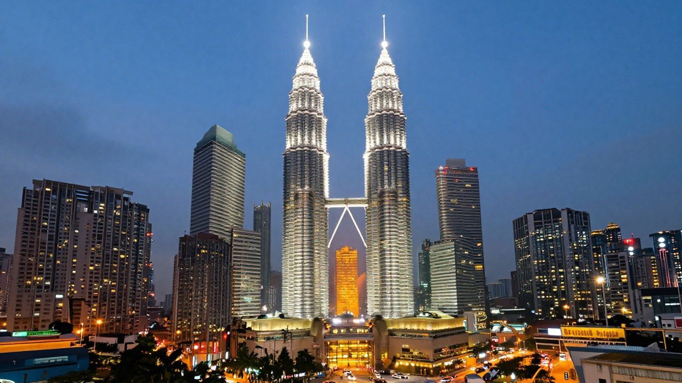 Kuala Lumpur skyline with Petronas Twin Towers at dusk.
