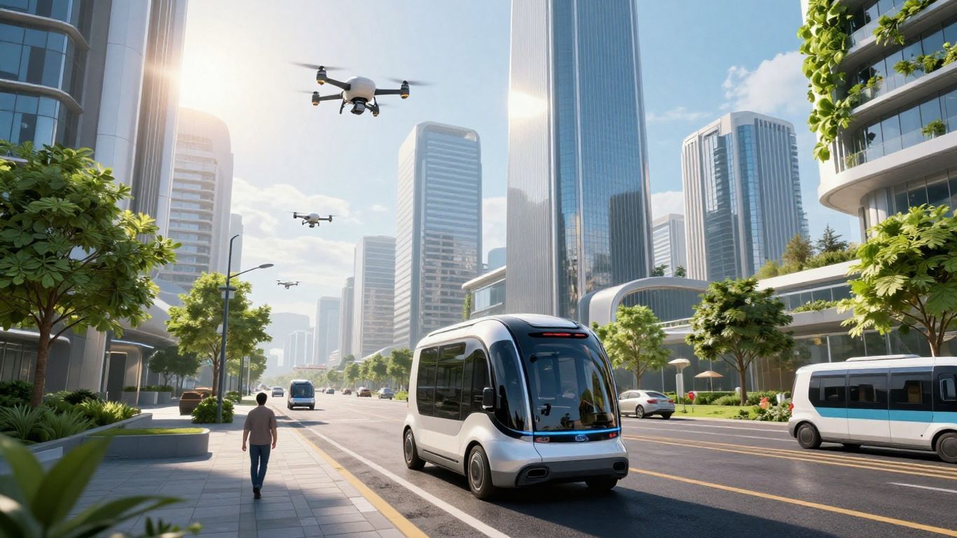 Futuristic smart city with modern buildings and clean streets.