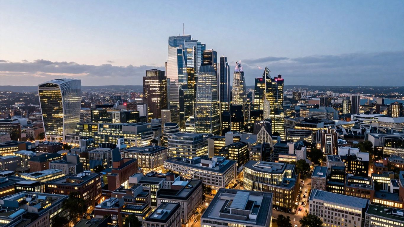 UK city skyline at dusk, illuminated skyscrapers, busy streets.