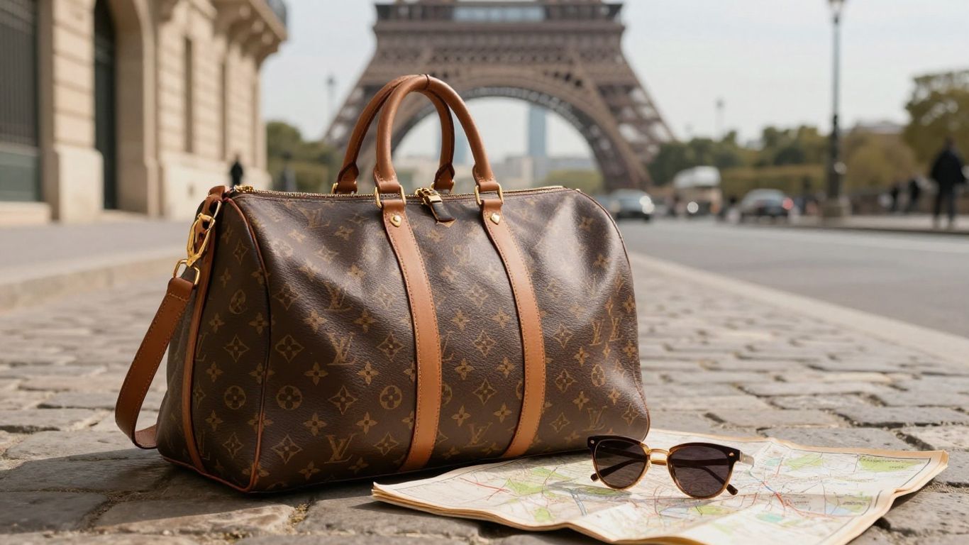 Louis Vuitton travel bag on a Parisian street.