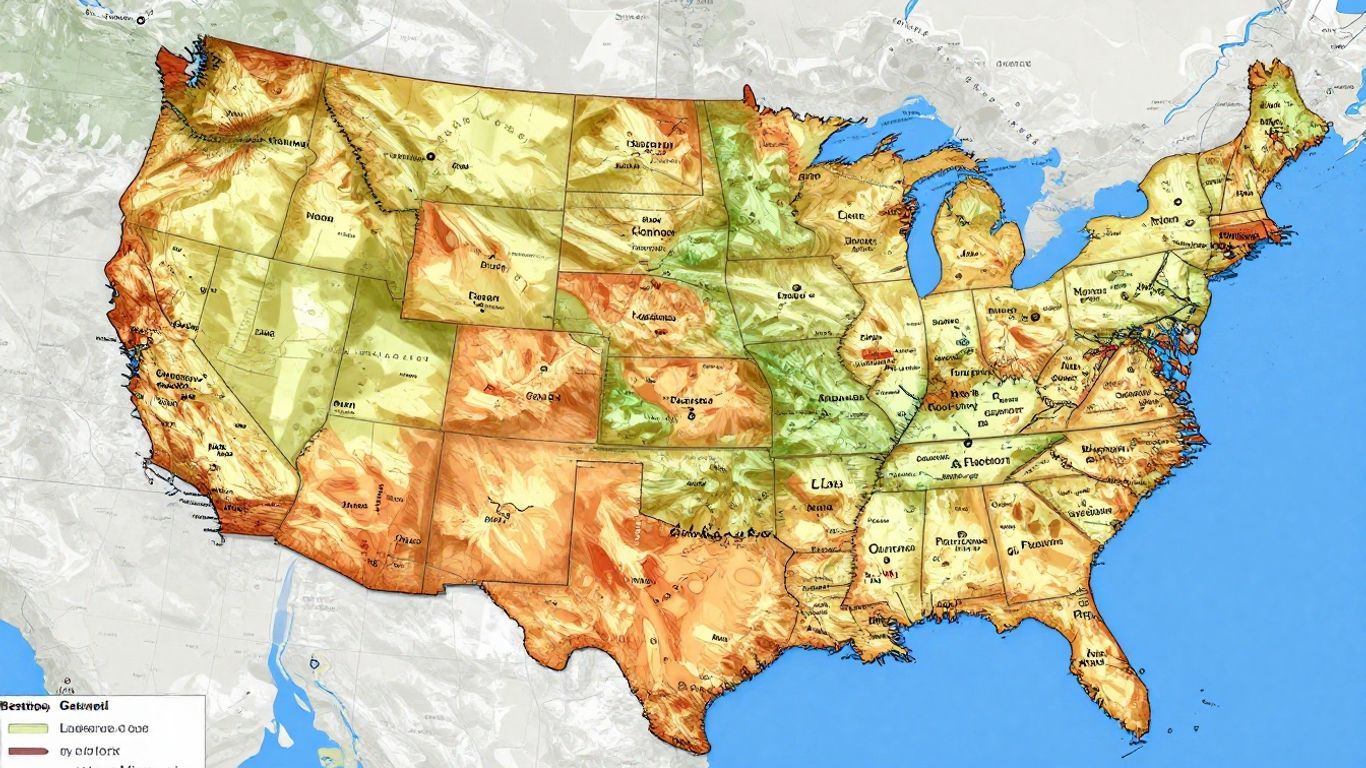 US map with cities highlighted for travel planning.