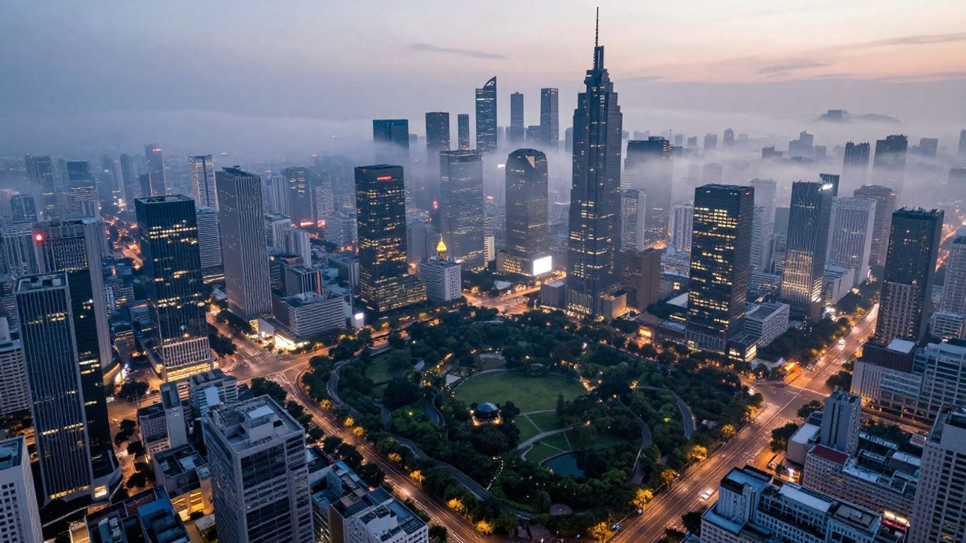 Vibrant cityscape with skyscrapers and intricate road networks.