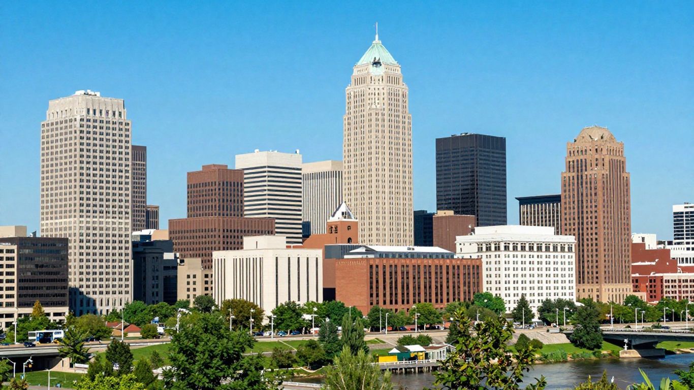 Columbus, Ohio skyline with modern buildings and river.
