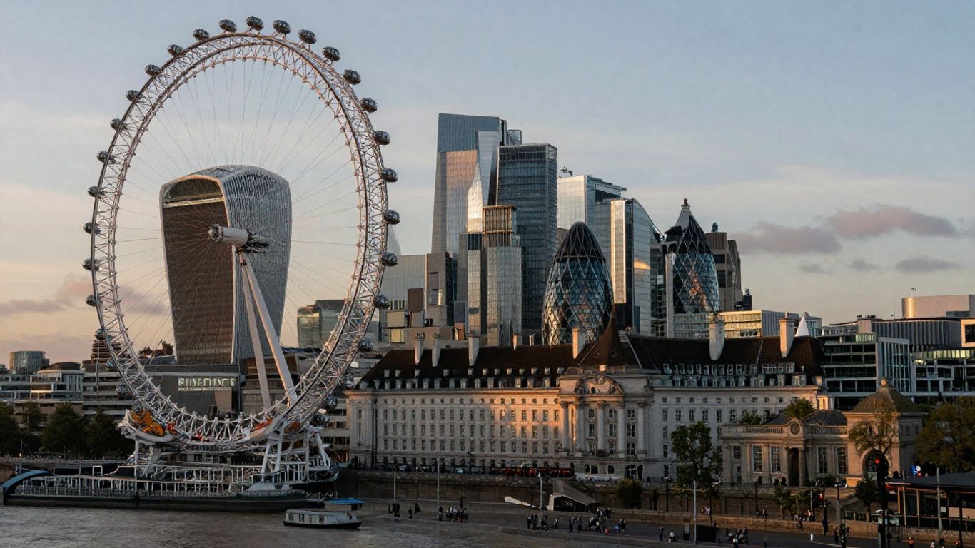 UK cityscape with landmarks and modern skyscrapers at sunset.