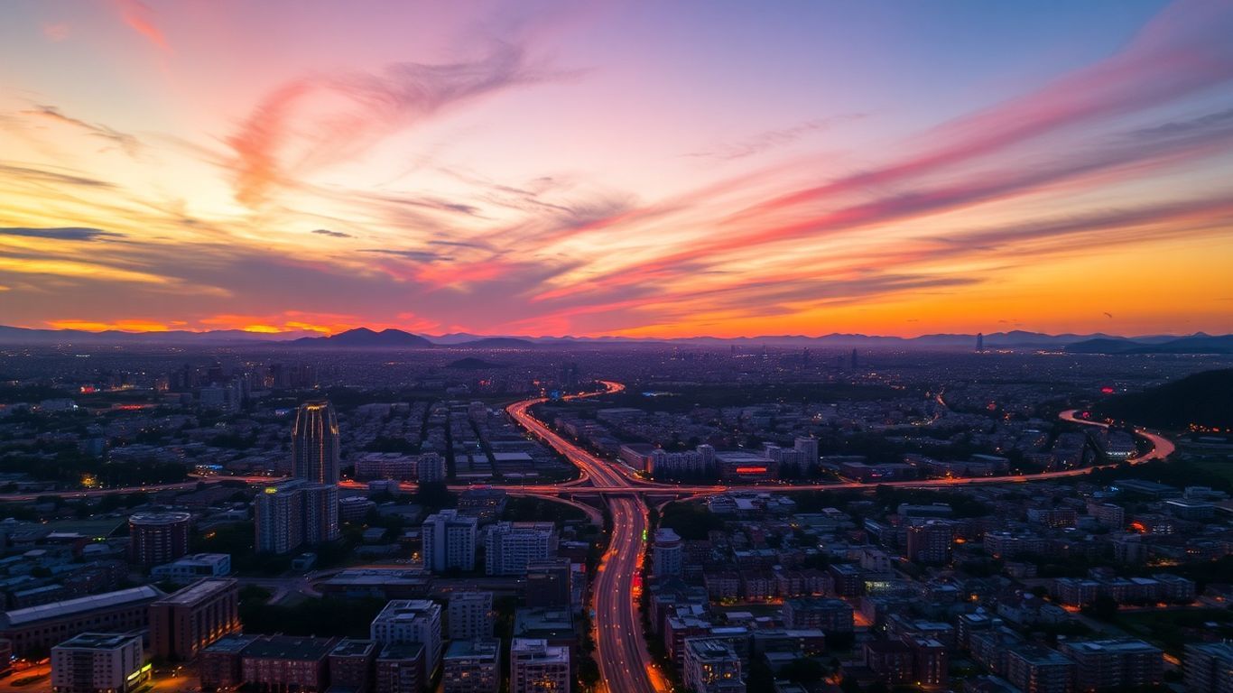 UK cityscape at dusk with illuminated buildings and roads.