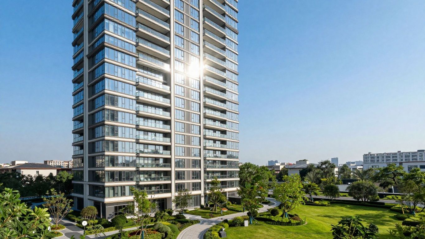 Modern apartment building overlooking a green park in Lahore Smart City.