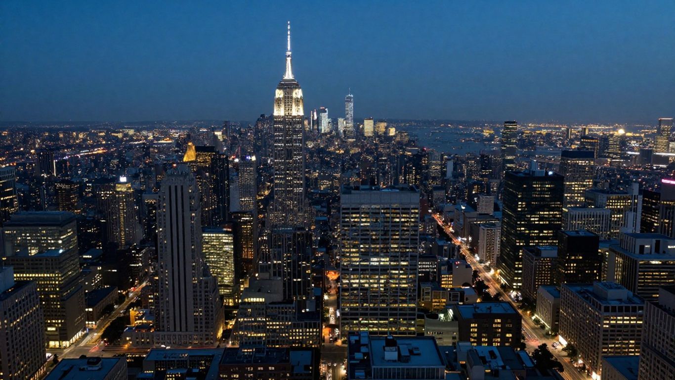 Aerial view of a major US city skyline at dusk.