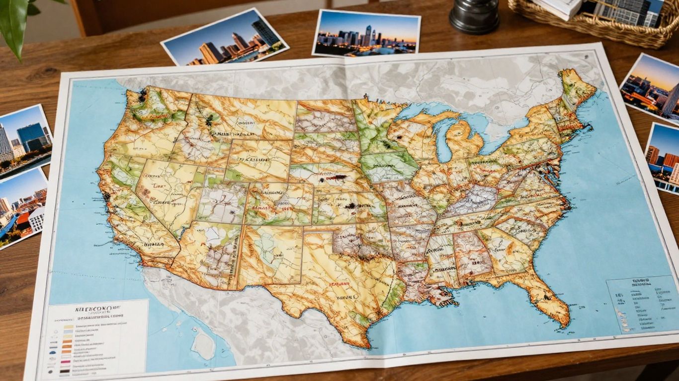 US map with photos of major city skylines
