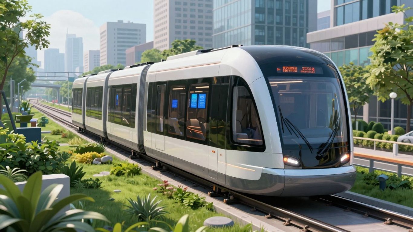 Futuristic public transport vehicle in a modern city.