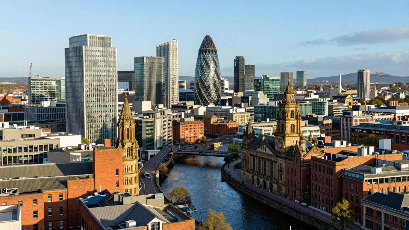 Manchester cityscape with iconic buildings and river.